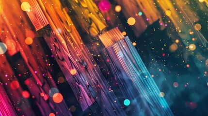 Fototapeta premium Vivid wooden shapes with glowing particles in a dynamic abstract wallpaper