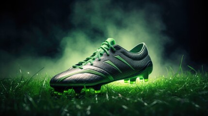 Professional soccer shoes cleats close-up on green grass with an outdoor stadium in the background. It's a great illustration for advertising or promotional materials.