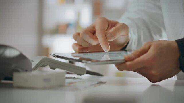 Medicine. A pharmacist uses tools responsibly and looks at a tablet screen in a pharmaceutical center. European worker enters data using a touchpad adheres to the rules of the pharmacy, work