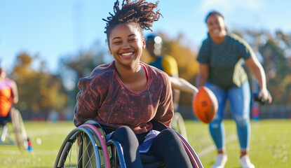 Disabled black teen riding a wheelchair. woman playing rugby in the park. Paralympics training girl happy laughing. Diversity and inclusion. Keeping fit in summer. Playing football with team.