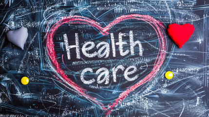 Heartfelt health care message with "Health care" text and heart designs in chalk, symbolizing compassionate medical care, patient support, and a commitment to health and wellness.