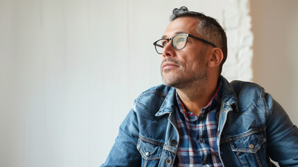 Fototapeta premium Man in a wheelchair looking thoughtful indoors with plants in the background