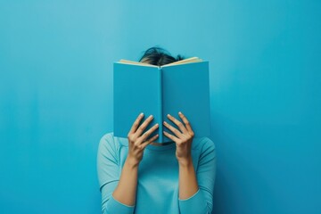 Woman holding book covering her face on blue background conceptual image of beauty and relaxation