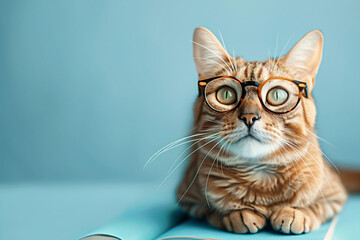 Portrait photo of  cute baby kitten cat wearing  reading glasses on blue background , studio shooting high quality photo pet   background, wallpaper, wall art