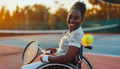 Female black tennis player in action during golden hour. Disabled tennis player sitting in a wheelchair playing tennis. Disability and inclusion in sport. Paralympics training in ethnic minority group