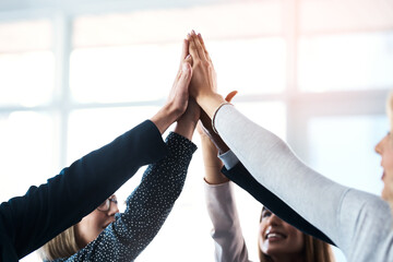 People, office and high five with smile for celebration on deal, teamwork and collaboration. Unity,...