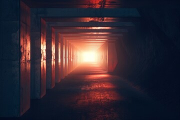 A dark tunnel with glowing geometric shapes leading towards light, symbolizing the journey through creative exploration.