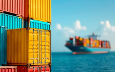 Fototapeta premium colorful cargo containers at a seaport with blurred ship in the background.