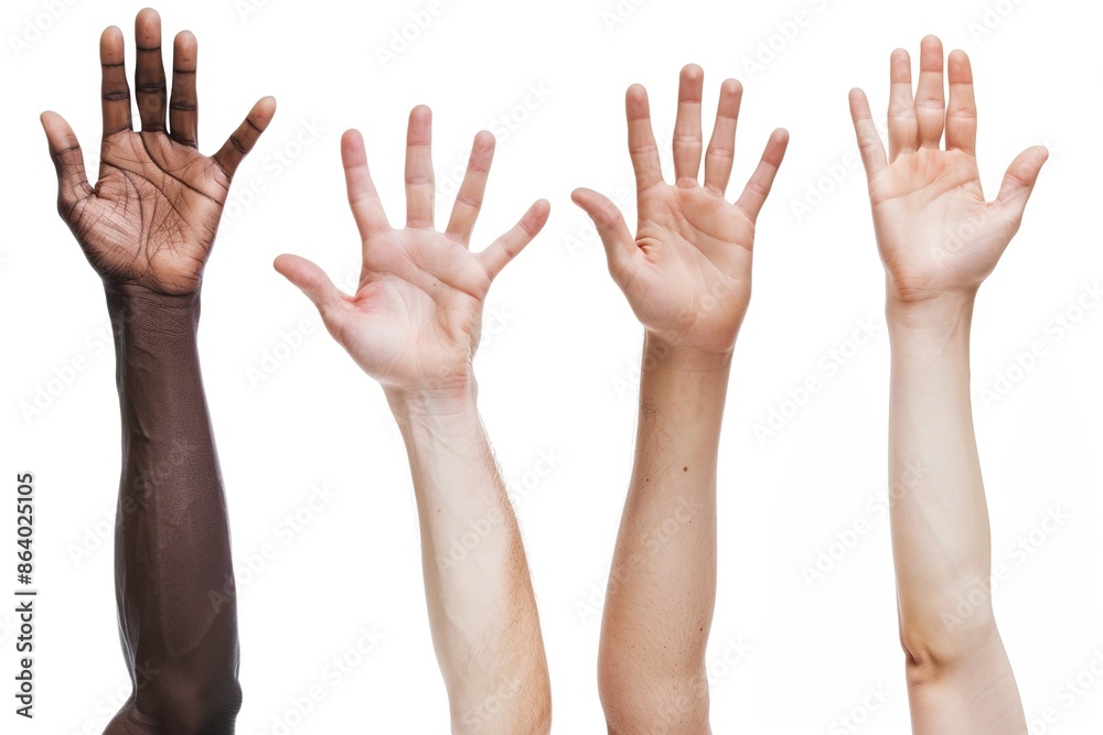 Wall mural Closeup of multiethnic men and women's hands raising up against white background - Wall murals