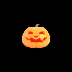 Jack o lantern isolated on black square background for halloween concept. Smiling orange pumpkin backdrop idea, social media template design.