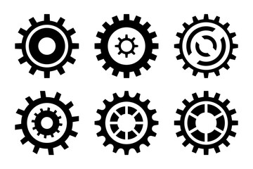 Gear icon set featuring various simple designs of black gears. Perfect for technical, mechanical, and engineering projects, black gear wheel icons, cogwheel silhouette, settings sign or symbol