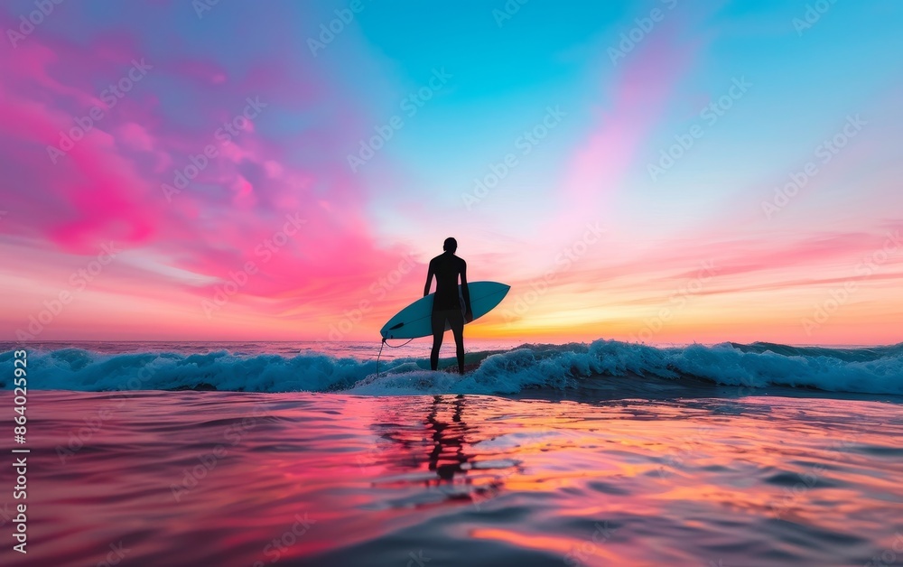 Wall mural silhouette of a surfer at sunset with a pink and orange sky and reflections in the water.