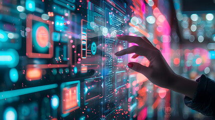 Interactive Touchscreen Interface in a Futuristic Digital Environment