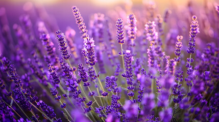 Obraz premium Blooming Lavender Field at Sunset with Soft Purple Hues