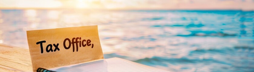 tax office on the beach with notebook, sunset concept.