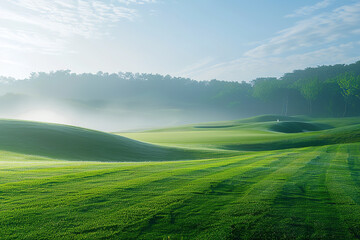 Naklejka premium Pristine Golf Course with Morning Dew on Gentle Hills 