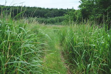 Narrow Path through Tall Wild Grass Leading to Forest  