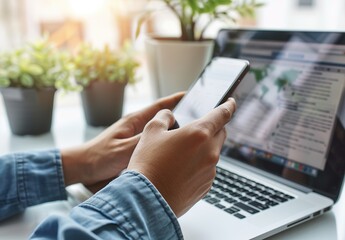 Businessman Sitting at Desk with Open Laptop and Holding Phone, Stock Photo of Modern Business Technology Concept