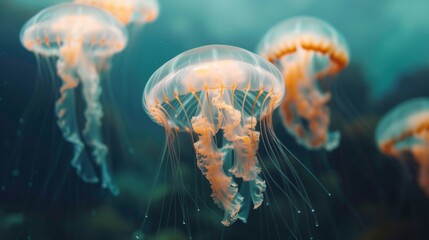 Naklejka premium Jellyfish is swimming in the water with blue background. Colorful jellyfish are moving under the sea