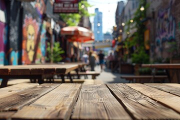 Fototapeta premium A wooden table in the foreground with a blurred background of an urban street cafe. The background features outdoor seating, pedestrians walking by, street art on nearby buildings.