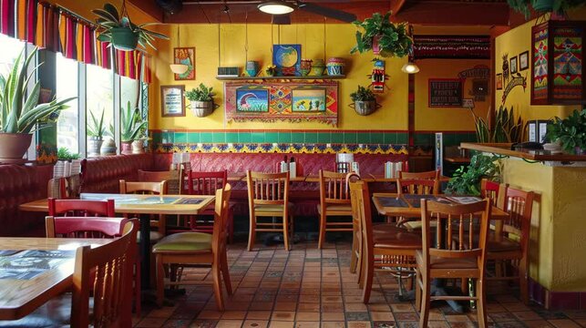 Modern Mexican restaurant interior. Mexicans are fond of bright colors, but they do like rustic elements too. The combination of rustic elements and bright displays is unique and interesting.