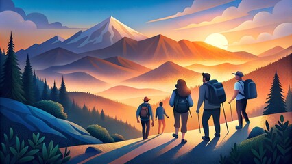 Fototapeta premium Group of People Hiking in the Mountains at Sunset