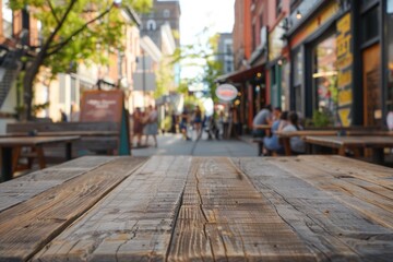 Fototapeta premium A wooden table in the foreground with a blurred background of an urban street cafe. The background features outdoor seating, pedestrians walking by, street art on nearby buildings.