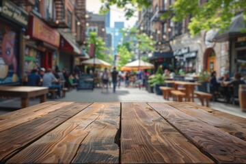 Fototapeta premium A wooden table in the foreground with a blurred background of an urban street cafe. The background features outdoor seating, pedestrians walking by, street art on nearby buildings.