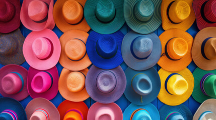 A row of colorful hats are displayed in a store window. The hats are arranged in a rainbow pattern, with each hat being a different color. The display is eye-catching and inviting