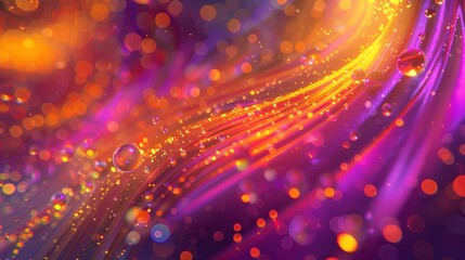 Fototapeta premium Swirling champagne bubbles with neon highlights on a purple to orange gradient