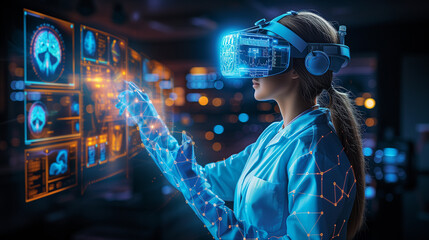 Woman in Virtual Reality Headset Interacts With Digital Interface in Laboratory Setting
