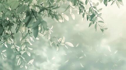Serene scene with cascading tree leaves pastel highlights and silvery white to light green gradient
