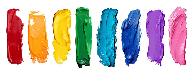 Set collection of thick  colorful rainbow brush stroke color paint smear texture isolated white background. art row concept