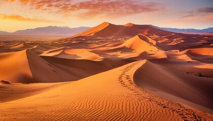 Showcase the mystical allure of the Sahara Desert in Morocco, with towering sand dunes glowing in the warm sunset light.