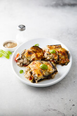 Traditional eggplant bake with tomato and cheese