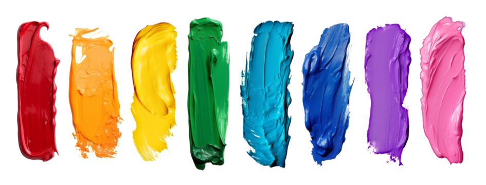 Set collection of thick  colorful rainbow brush stroke color paint smear texture isolated white background. art row concept