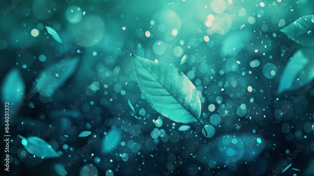 Wall mural Abstract background with floating tree leaves glowing particles and a gradient from teal to turquoise