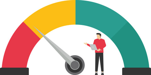 Market sentiment, fear and greed index, emotional on stock market or crypto currency trading indicator, investment risk psychology concept, businessman investor meditating on market sentiment gauge.

