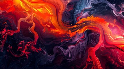 Abstract wallpaper with swirling tree roots neon highlights and a gradient from crimson to tangerine