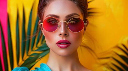 Fototapeta premium Generate a high-resolution image of a stylish woman with tropical sunglasses, showcasing a vibrant paradise