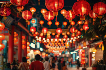 Obraz premium Tourists walking in chinatown decorated with red lanterns for mid-autumn festival, celebrating the end of the autumn harvest
