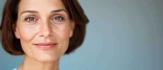 Woman after a noninvasive facelift treatment, smiling with tightened skin, posttreatment, rejuvenated appearance