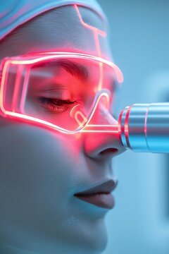 Closeup of a face being treated with a laser for collagen production, laser therapy, antiaging treatment
