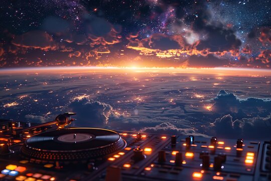 Stunning view of space-themed DJ setup with vibrant galaxy backdrop, blending music and cosmic beauty for an out-of-this-world experience.