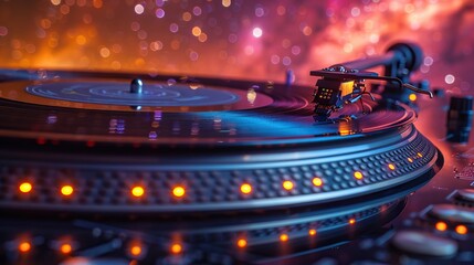 Close-up of a vinyl record player with colorful bokeh lights in the background, creating a vibrant and nostalgic atmosphere.