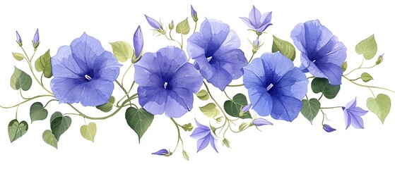 Detailed watercolor of a blooming morning glory with purple petals, morning glory watercolor, vine beauty