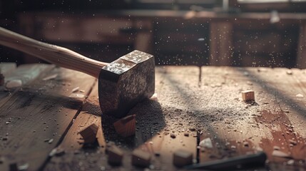 Sledgehammer on a large wooden surface table, dust and small debris scattered, wooden handle, rustic workshop setting, highly detailed