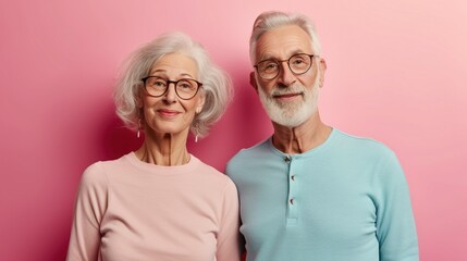 Beautiful happy mature old caucasian 70s senior couple white haired, standing on, background. Copy space
