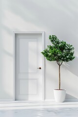 Fototapeta premium Slightly open minimalist door with a standout tree, clean and simple design, soft colors, tranquil and balanced composition
