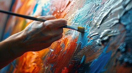 A detailed view of an artist's hand with a brush painting on a textured, colorful abstract canvas, showcasing the artist's technique and emotional expression.